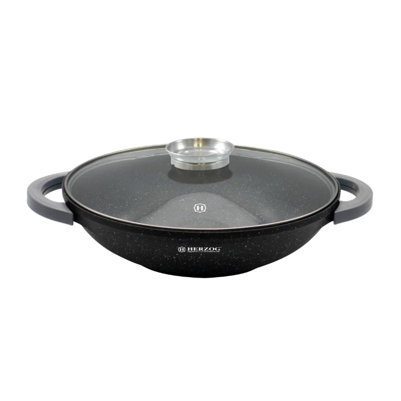 Herzog HR-5229: 32cmMarble Coated Wok with Glass Lid Aroma Knob - 4.3L
