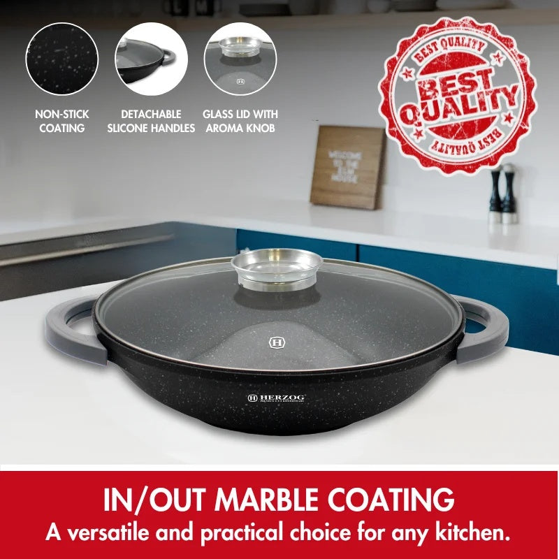 Herzog HR-5229: 32cmMarble Coated Wok with Glass Lid Aroma Knob - 4.3L