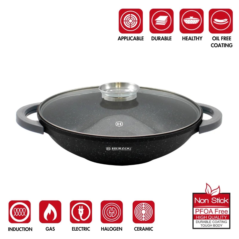 Herzog HR-5229: 32cmMarble Coated Wok with Glass Lid Aroma Knob - 4.3L