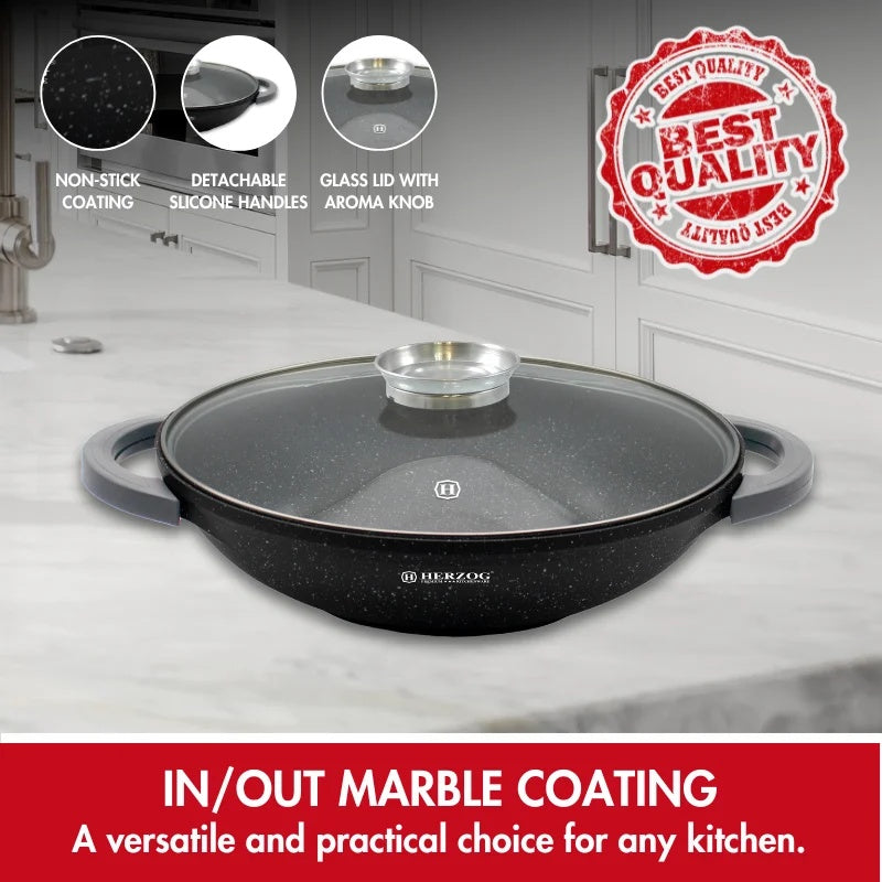 Herzog HR-5230: 36cmMarble Coated Wok with Glass Lid Aroma Knob - 6.2L