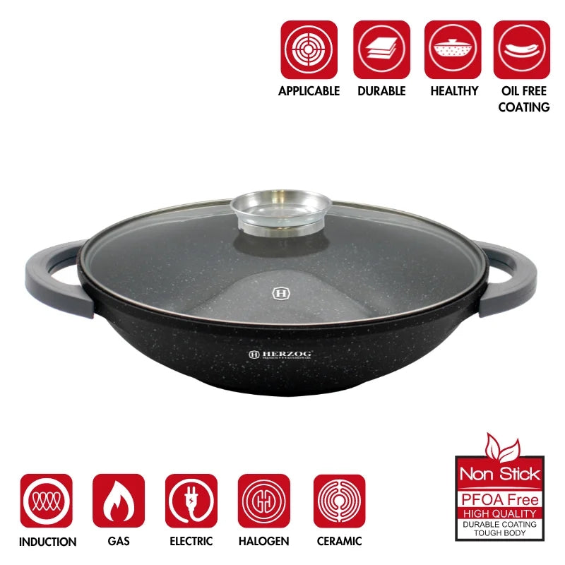 Herzog HR-5230: 36cmMarble Coated Wok with Glass Lid Aroma Knob - 6.2L