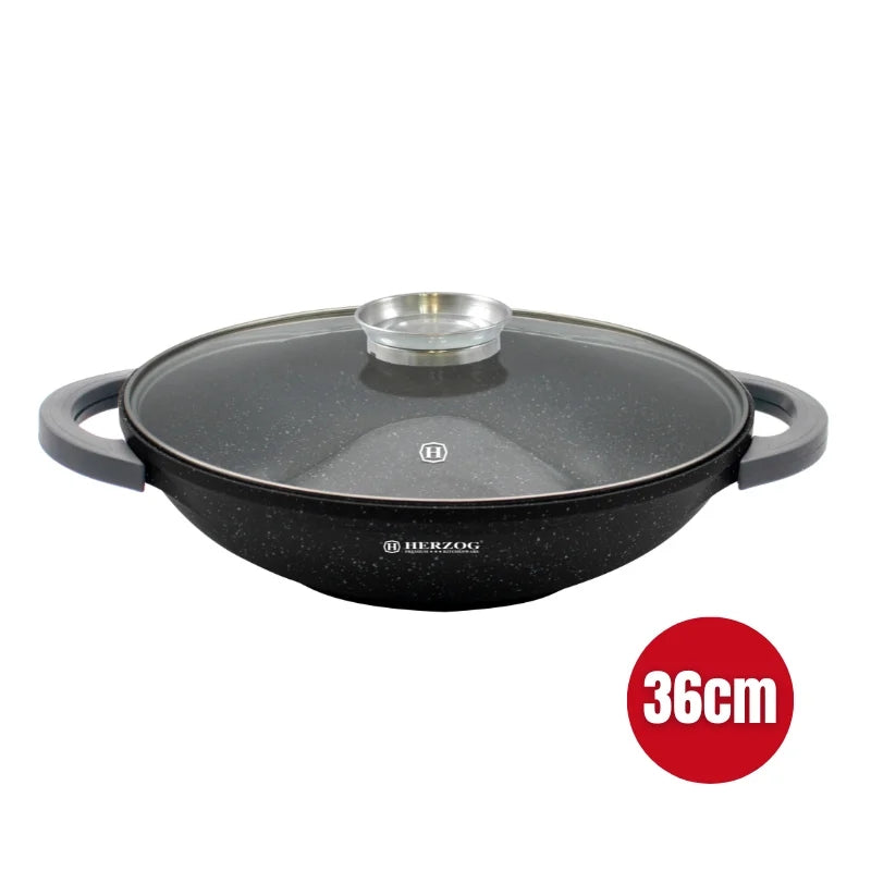 Herzog HR-5230: 36cmMarble Coated Wok with Glass Lid Aroma Knob - 6.2L