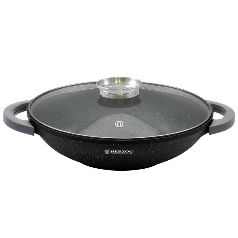 Herzog HR-5231: 40cmMarble Coated Wok with Glass Lid Aroma Knob - 8.5L