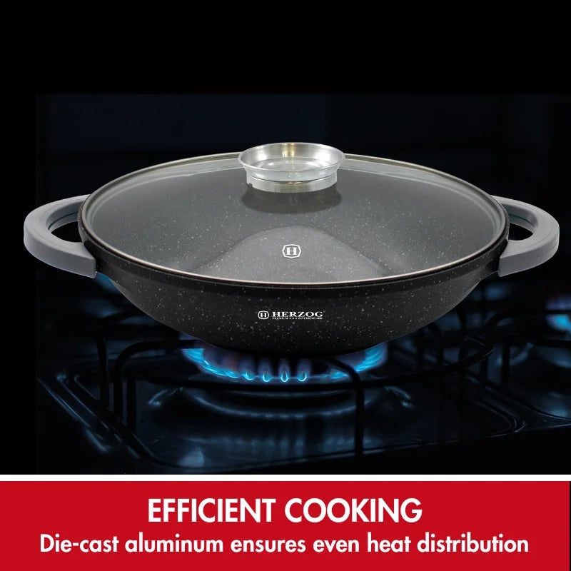Herzog HR-5231: 40cmMarble Coated Wok with Glass Lid Aroma Knob - 8.5L