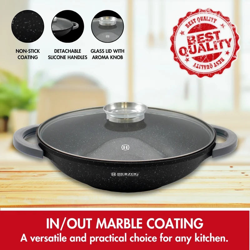 Herzog HR-5231: 40cmMarble Coated Wok with Glass Lid Aroma Knob - 8.5L