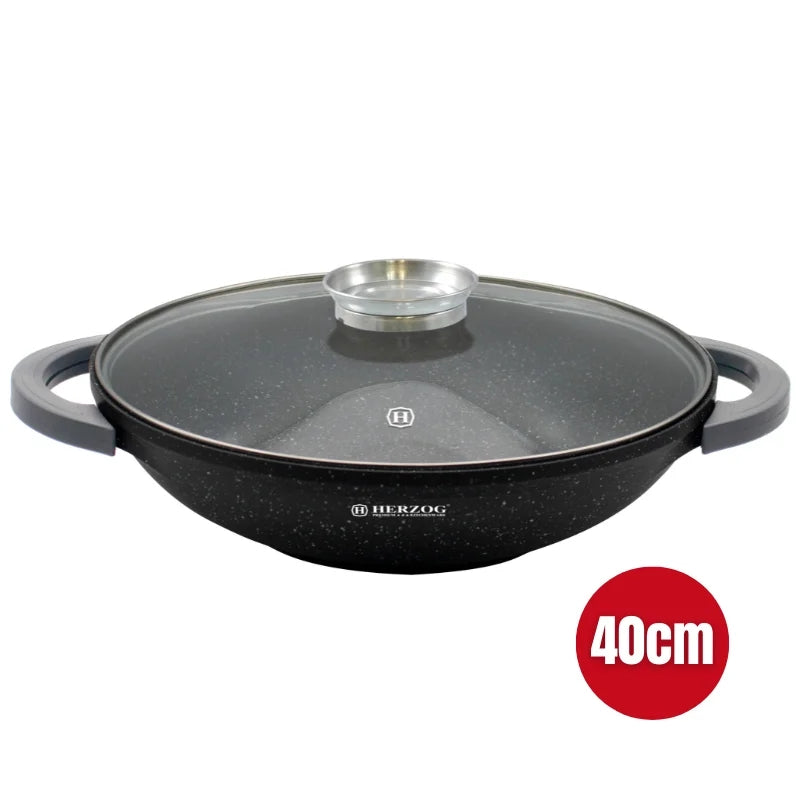 Herzog HR-5231: 40cmMarble Coated Wok with Glass Lid Aroma Knob - 8.5L