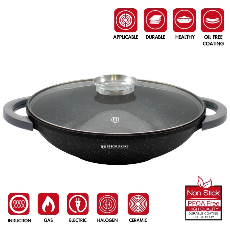 Herzog HR-5231: 40cmMarble Coated Wok with Glass Lid Aroma Knob - 8.5L