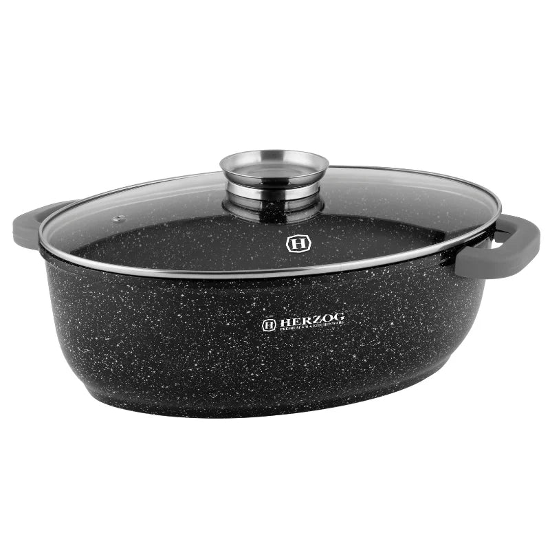 Herzog HR-5232: 38cmMarble Coated Roasting Pan with Glass Lid Aroma Knob - 8.4L
