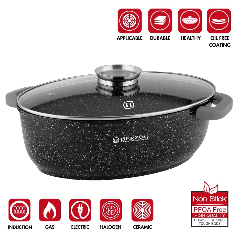 Herzog HR-5232: 38cmMarble Coated Roasting Pan with Glass Lid Aroma Knob - 8.4L