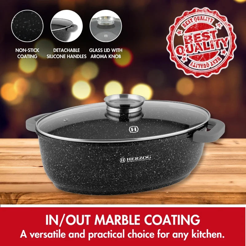 Herzog HR-5232: 38cmMarble Coated Roasting Pan with Glass Lid Aroma Knob - 8.4L