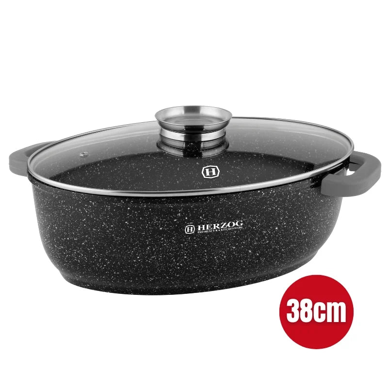 Herzog HR-5232: 38cmMarble Coated Roasting Pan with Glass Lid Aroma Knob - 8.4L