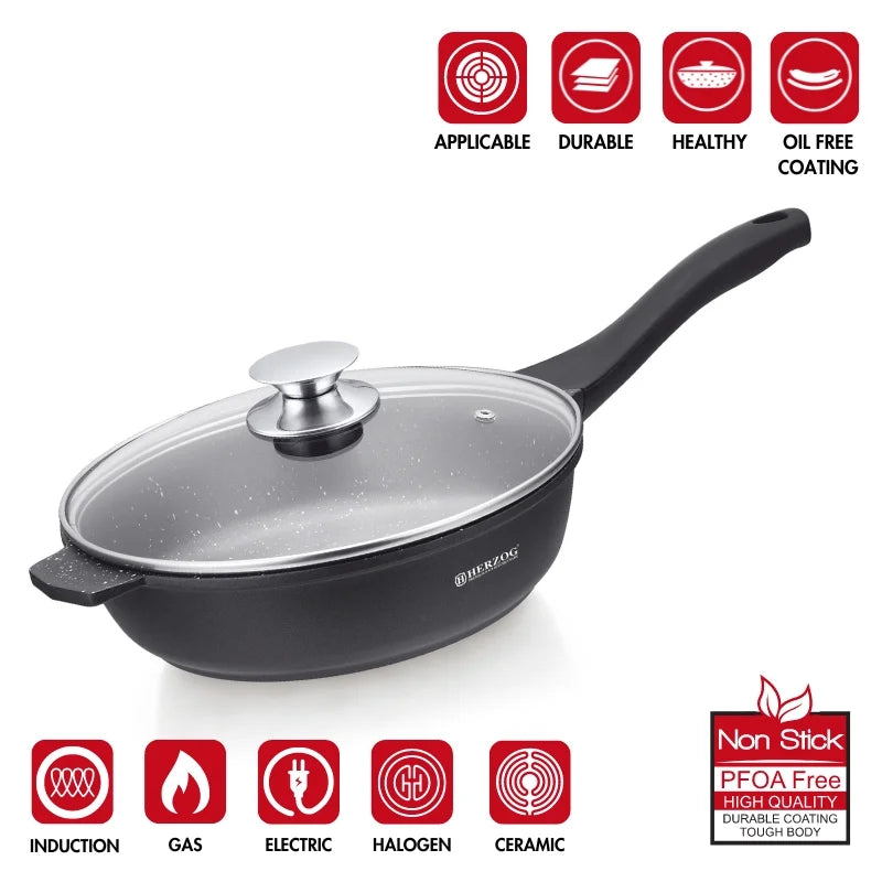 Herzog HR-DF28M: 28cm Marble Coated Deep Fry Pan + Glass Lid