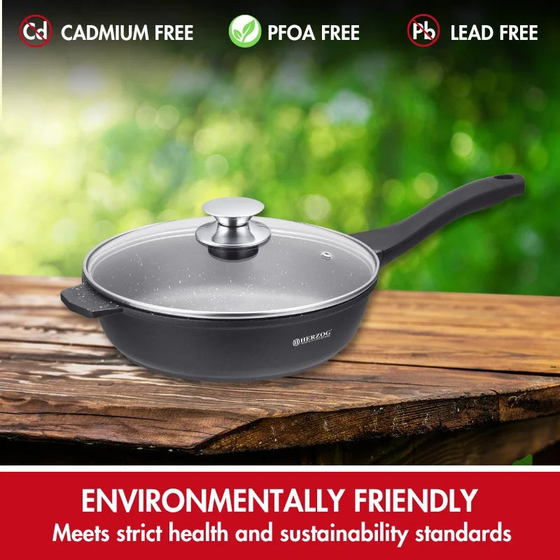 Herzog HR-DF28M: 28cm Marble Coated Deep Fry Pan + Glass Lid