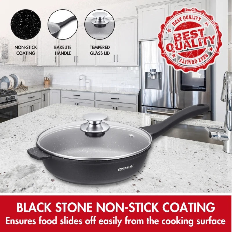 Herzog HR-DF28M: 28cm Marble Coated Deep Fry Pan + Glass Lid
