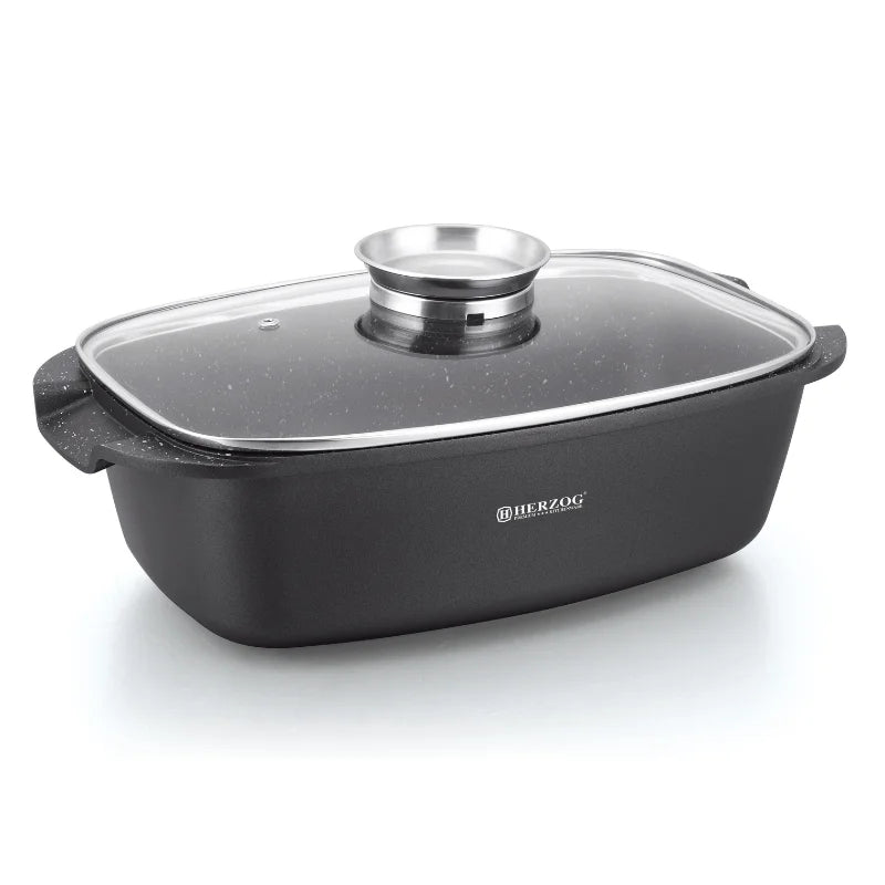 Herzog HR-ROS34M: 34cm Die Cast Stone Coated Roasting Pot with Glass Lid Aroma Knob