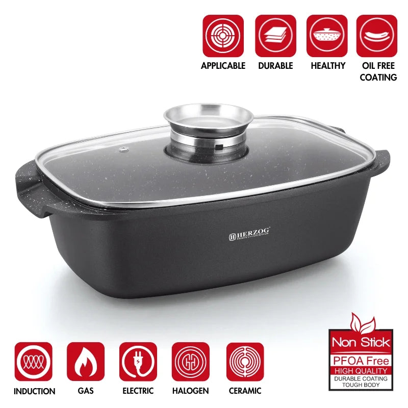 Herzog HR-ROS34M: 34cm Die Cast Stone Coated Roasting Pot with Glass Lid Aroma Knob