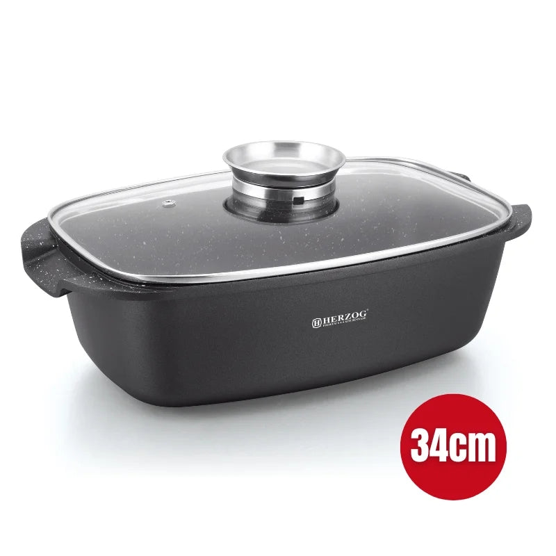 Herzog HR-ROS34M: 34cm Die Cast Stone Coated Roasting Pot with Glass Lid Aroma Knob