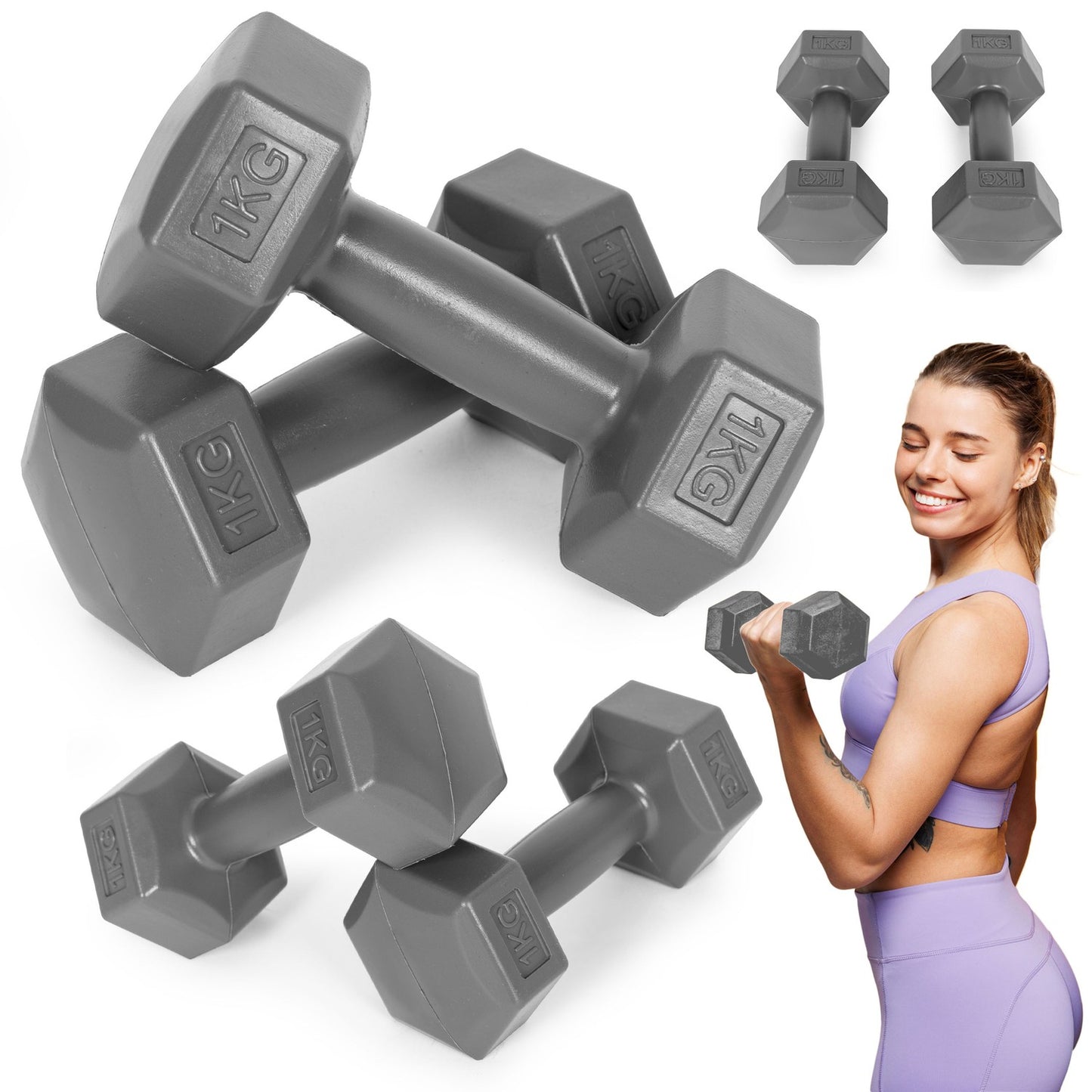 Hex dumbbells set 2x1 kg, exercise weights, fitness load, gray, ModernHome