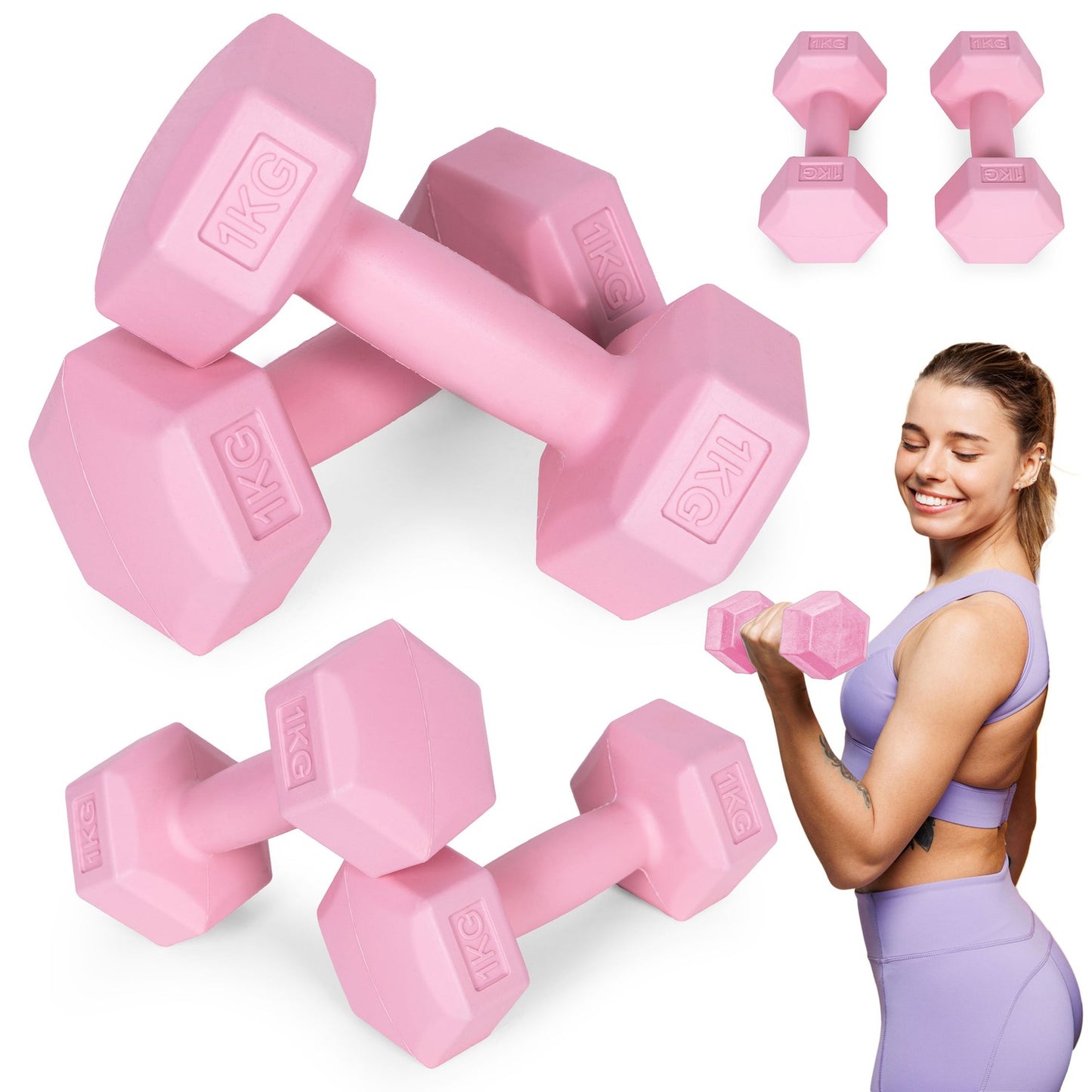 Hex dumbbells set 2x1 kg, exercise weights, fitness load, pink, ModernHome
