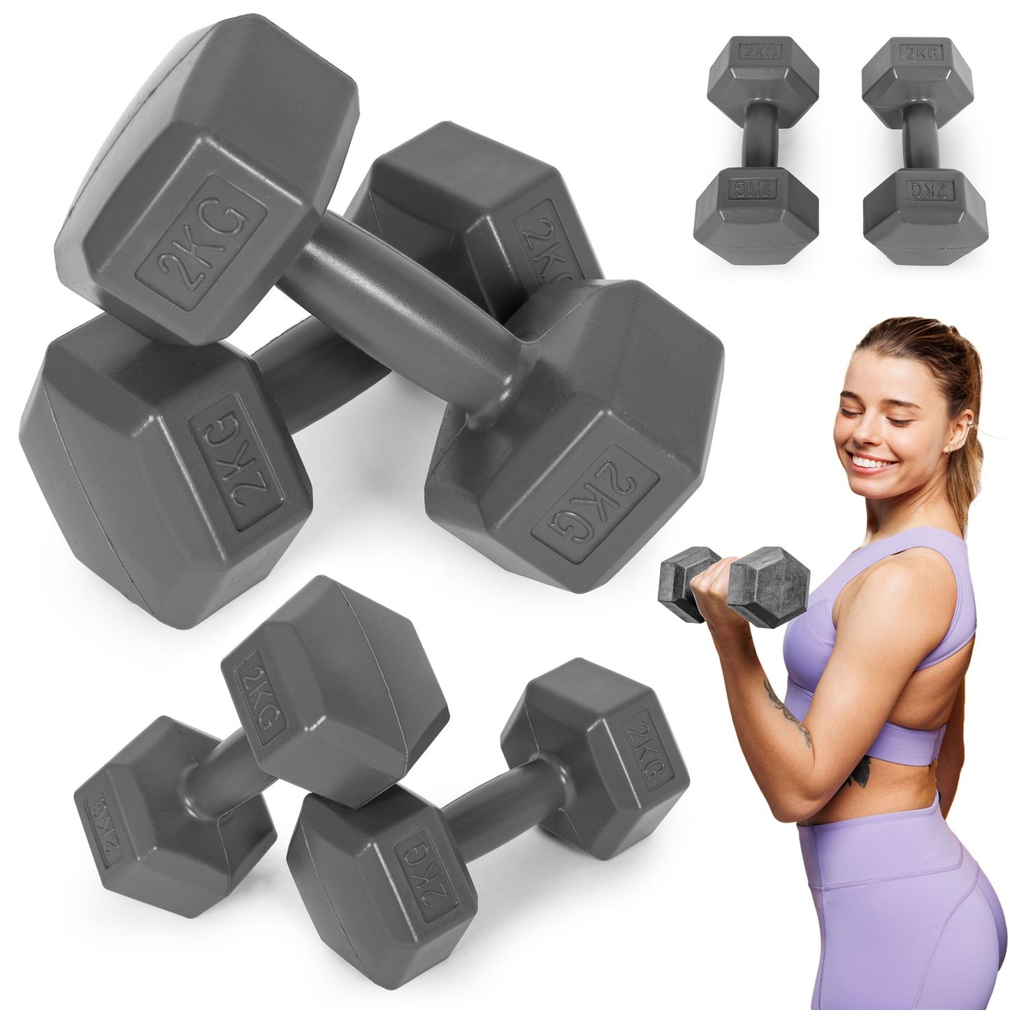 Hex dumbbells set 2x2 kg, exercise weights, fitness load, gray, ModernHome
