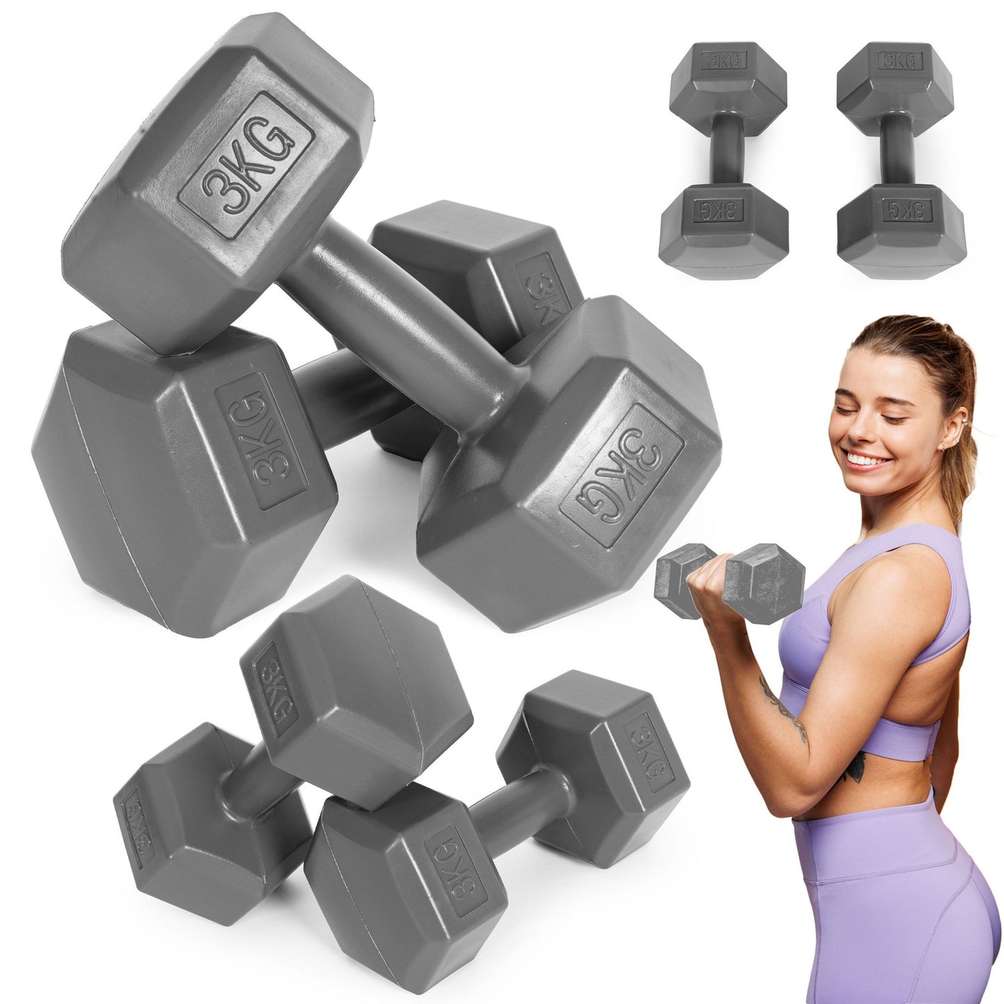 Hex dumbbells set 2x3 kg, exercise weights, fitness load, gray, ModernHome