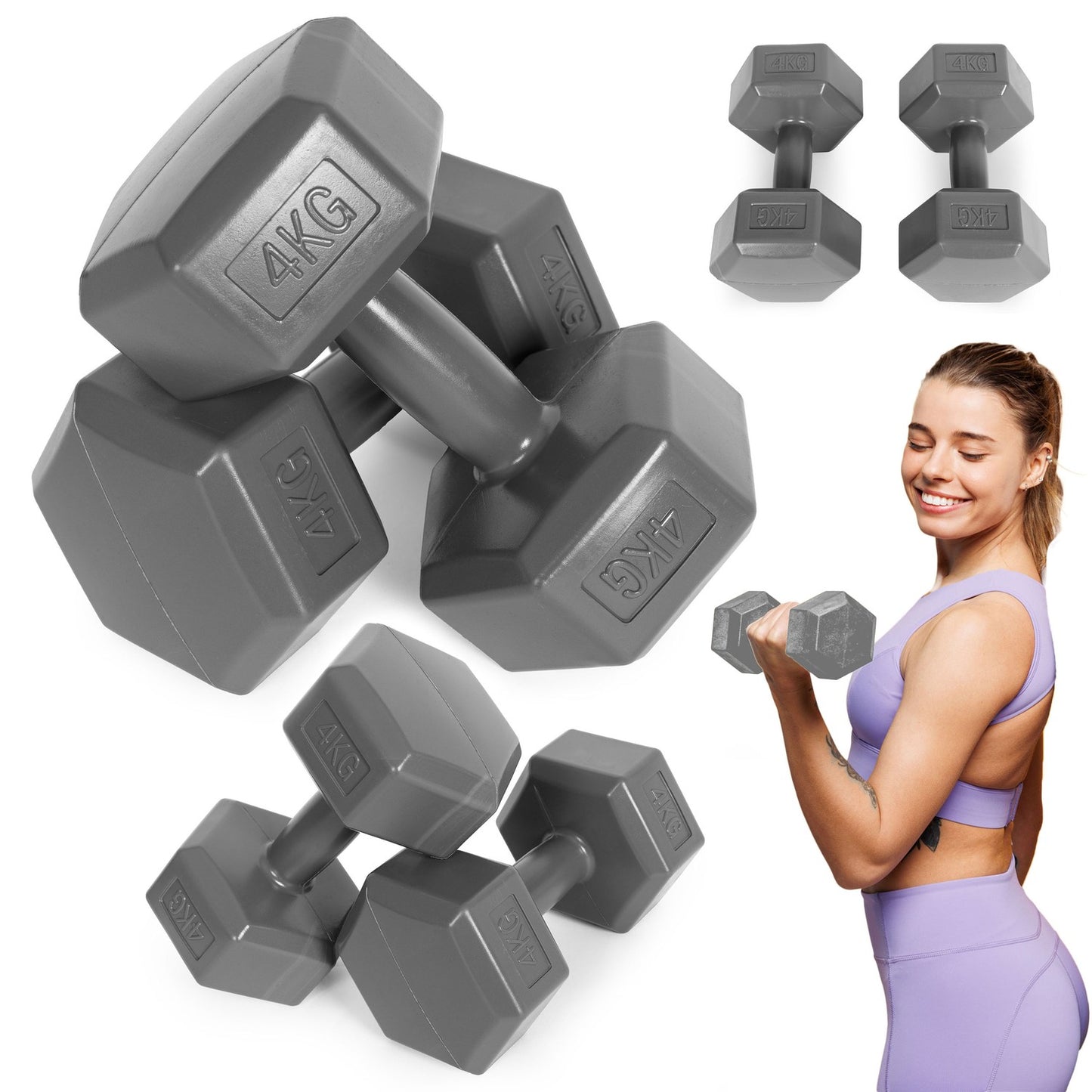 Hex dumbbells set 2x4 kg, exercise weights, fitness load, gray, ModernHome