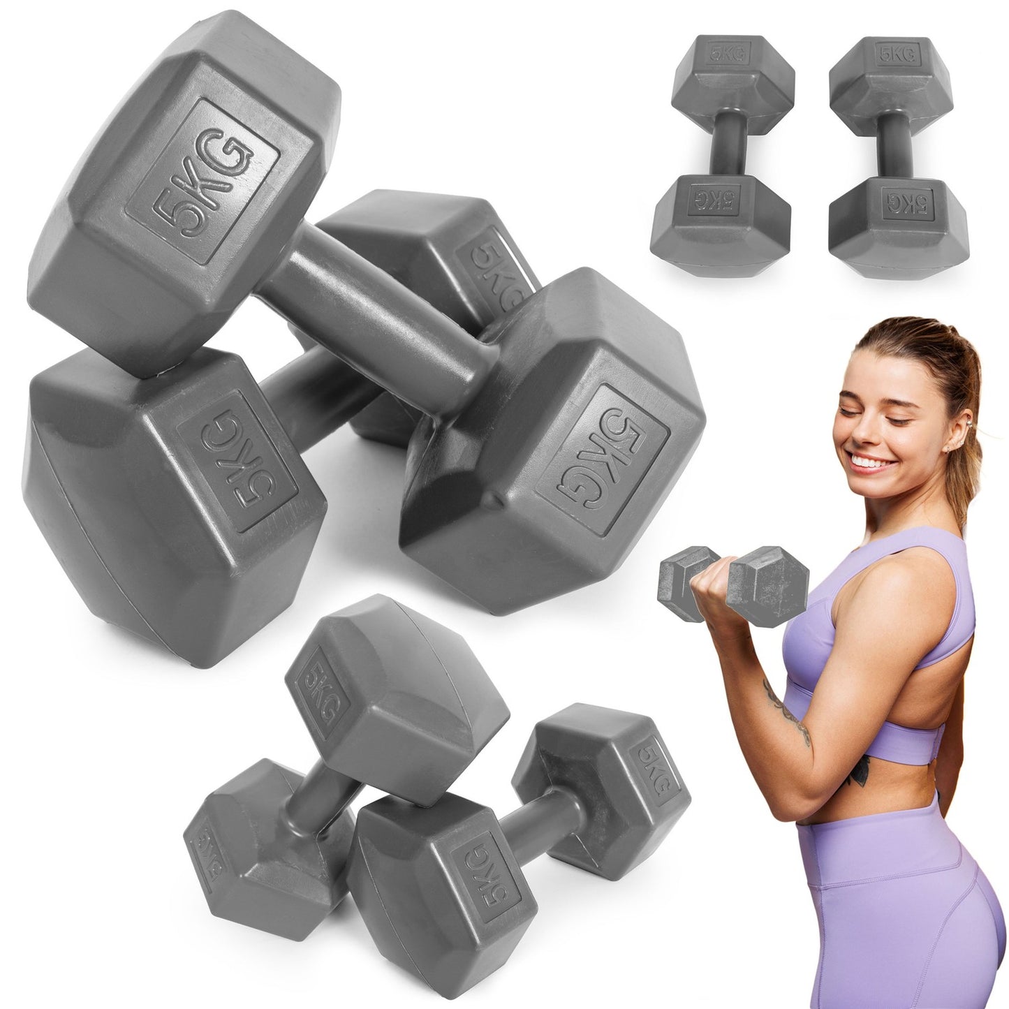 Hex dumbbells set 2x5 kg, exercise weights, fitness load, gray, ModernHome
