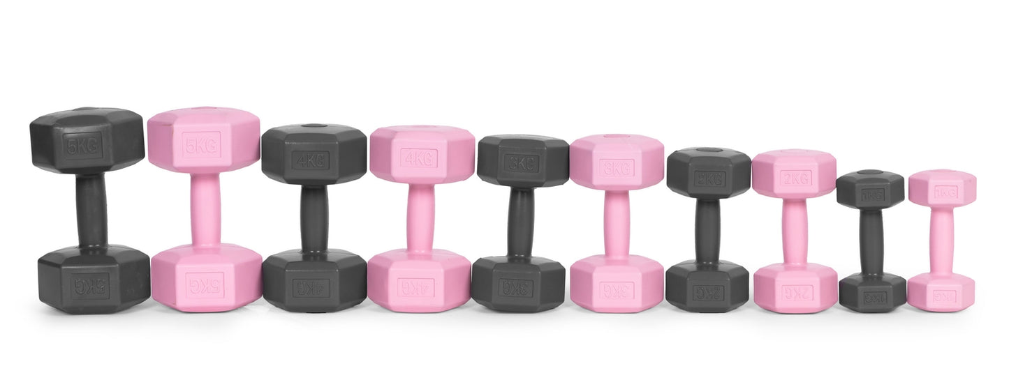Hex dumbbells set 2x5 kg, exercise weights, fitness load, pink, ModernHome