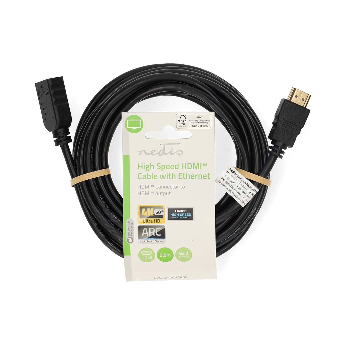 High Speed HDMI™ Cable with Ethernet | HDMI™ Connector | HDMI™ Output | 4K@60Hz | ARC | 10.2 Gbps | 5.00 m | Round | PVC | Black | Label