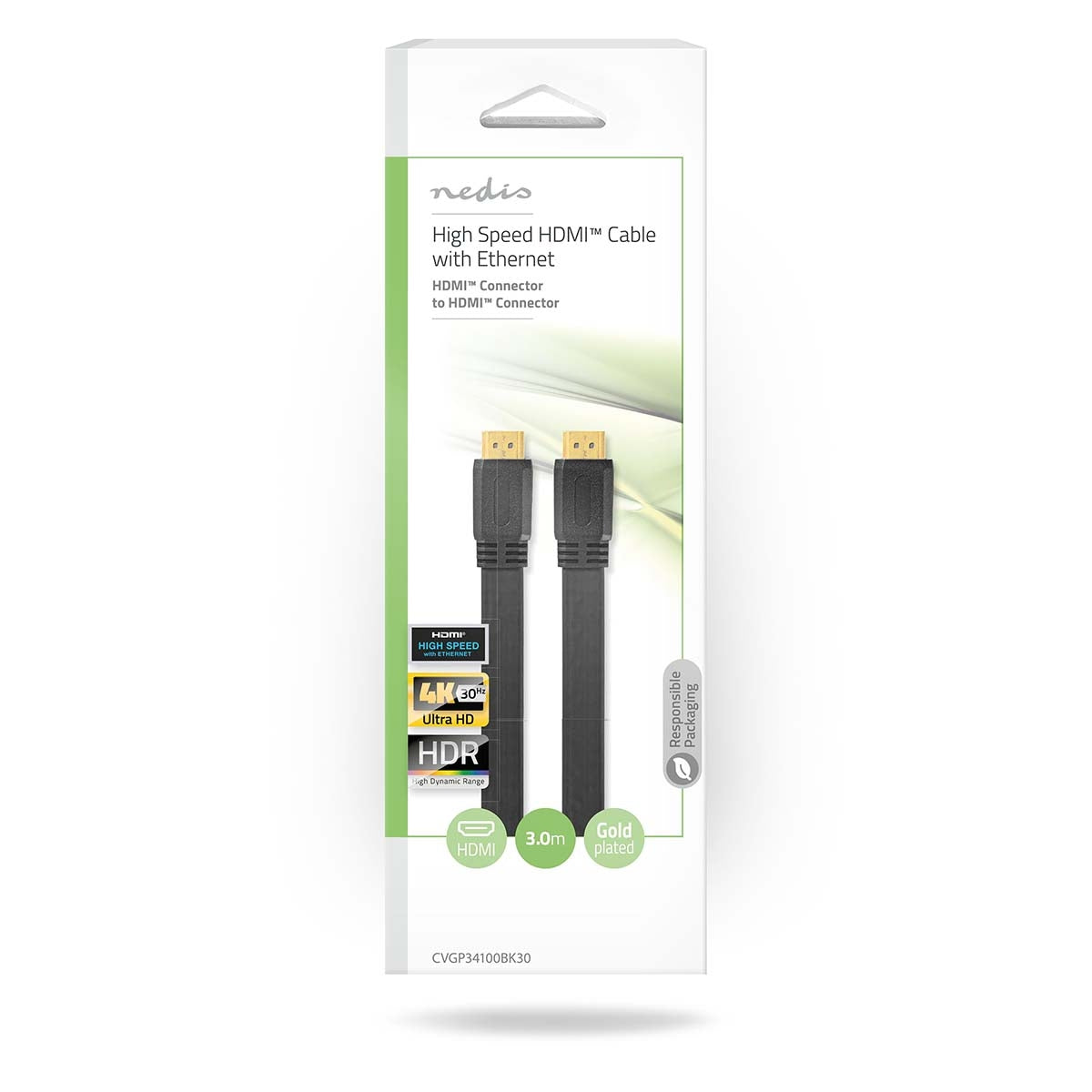 High Speed HDMI ™ cable with Ethernet | HDMI™ Connector | HDMI™ Connector | 4K@30Hz | 10.2 Gbps | 3.00 m | Flat | PVC | Black | Plastic bag