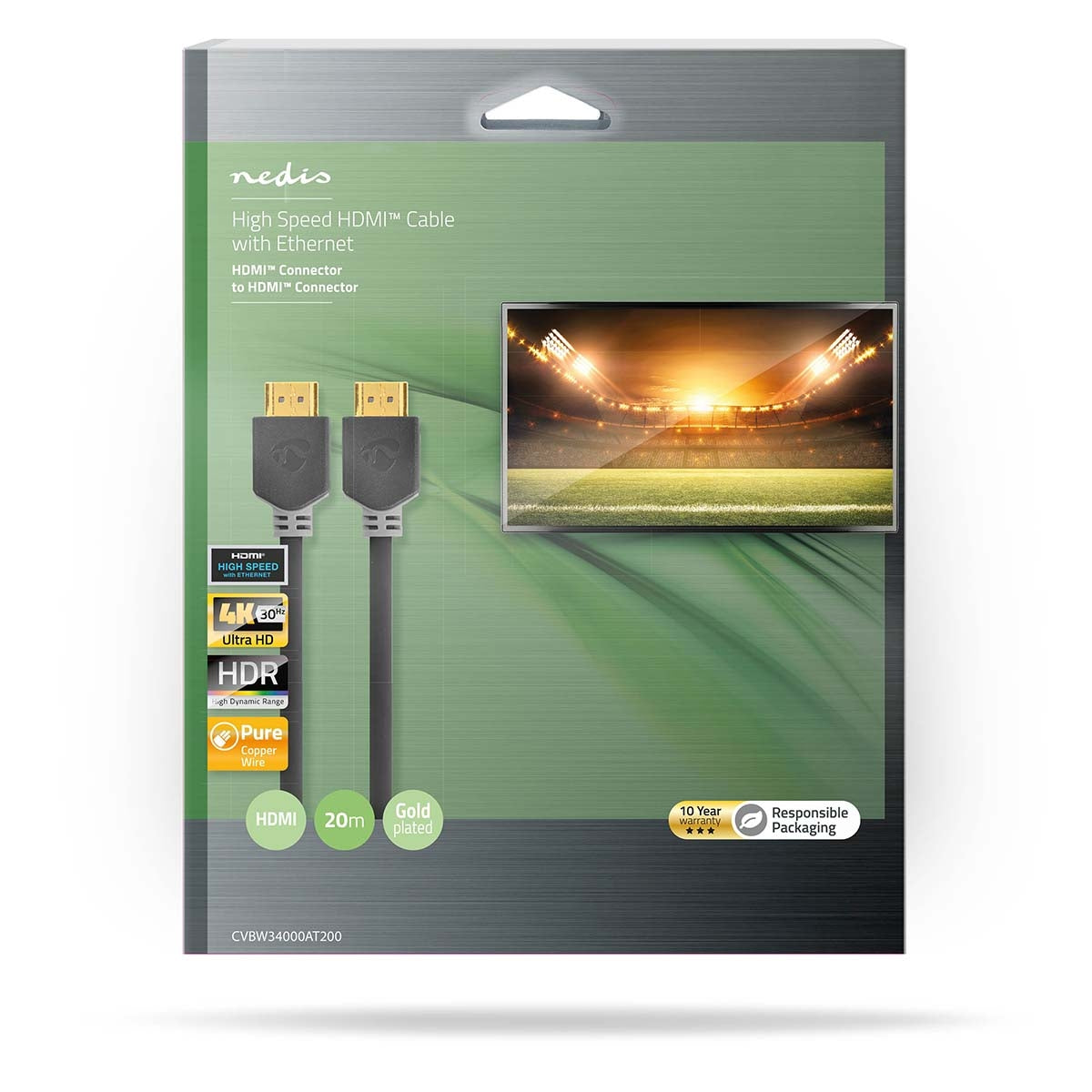 High Speed HDMI ™ cable with Ethernet | HDMI™ Connector | HDMI™ Connector | 4K@30Hz | ARC | 10.2 Gbps | 20.0 m | Round | PVC | Anthracite | Cardboard box with window