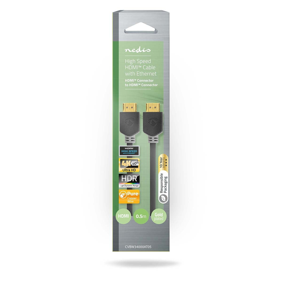 High Speed HDMI ™ cable with Ethernet | HDMI™ Connector | HDMI™ Connector | 4K@60Hz | ARC | 18 Gbps | 0.50 m | Round | PVC | Anthracite | Cardboard box with window