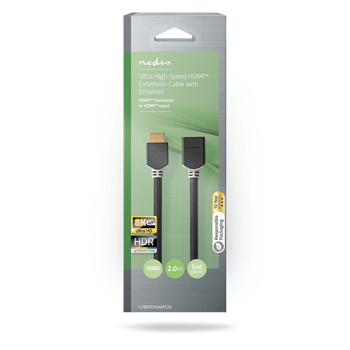 High Speed HDMI ™ cable with Ethernet | HDMI™ Connector | HDMI™ Female | 8K@60Hz | eARC | 48 Gbps | 2.00 m | Round | PVC | Anthracite | Box