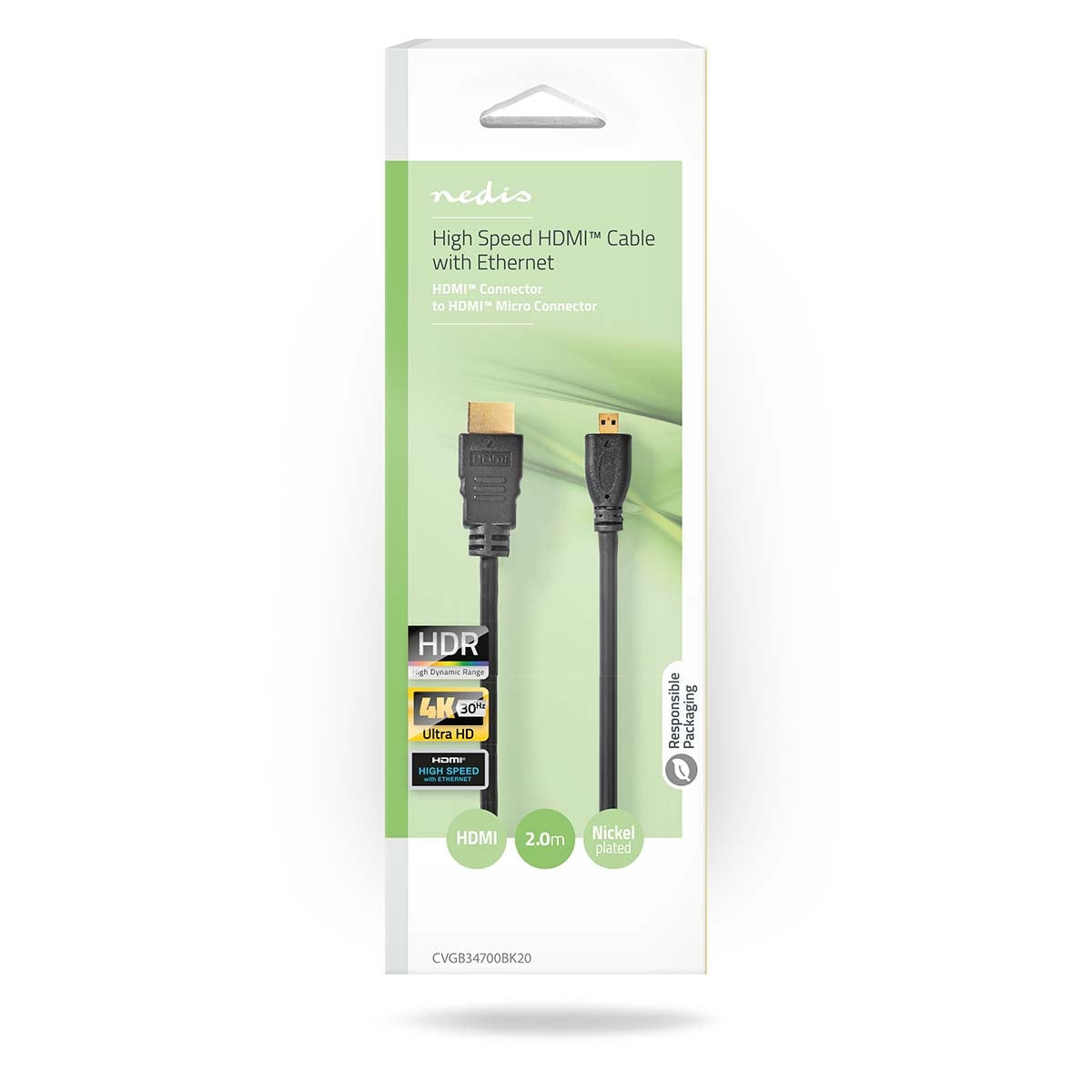 High Speed HDMI ™ cable with Ethernet | HDMI™ Connector | HDMI™ Micro connector | 4K@30Hz | 10.2 Gbps | 2.00 m | Round | PVC | Black | Box