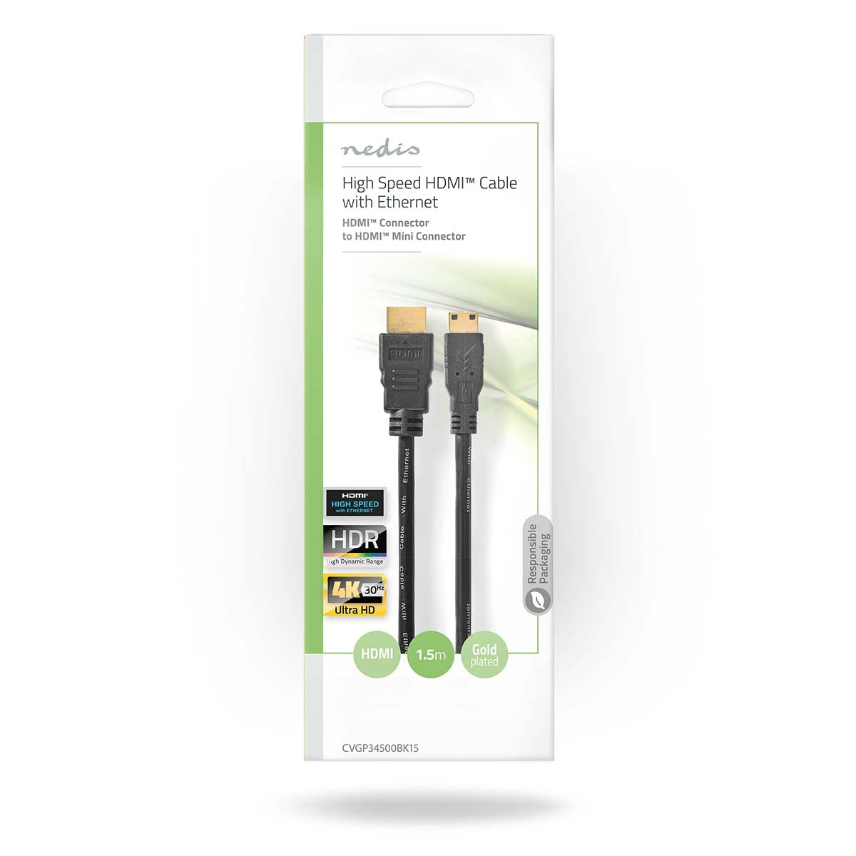 High Speed HDMI ™ cable with Ethernet | HDMI™ Connector | HDMI™ Mini connector | 4K@30Hz | 10.2 Gbps | 1.50 m | Round | PVC | Black | Plastic bag