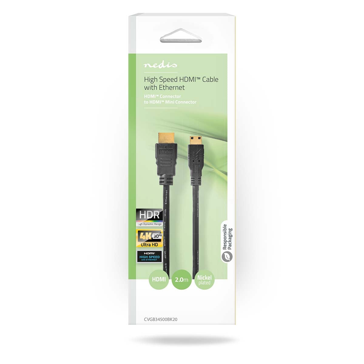 High Speed HDMI ™ cable with Ethernet | HDMI™ Connector | HDMI™ Mini connector | 4K@30Hz | 10.2 Gbps | 2.00 m | Round | PVC | Black | Box