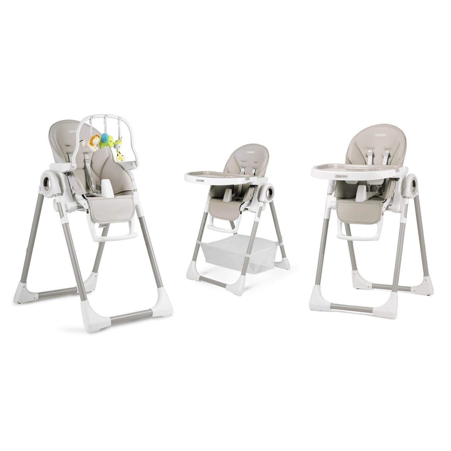 Highchair with table, Belo lounger, gray + bar