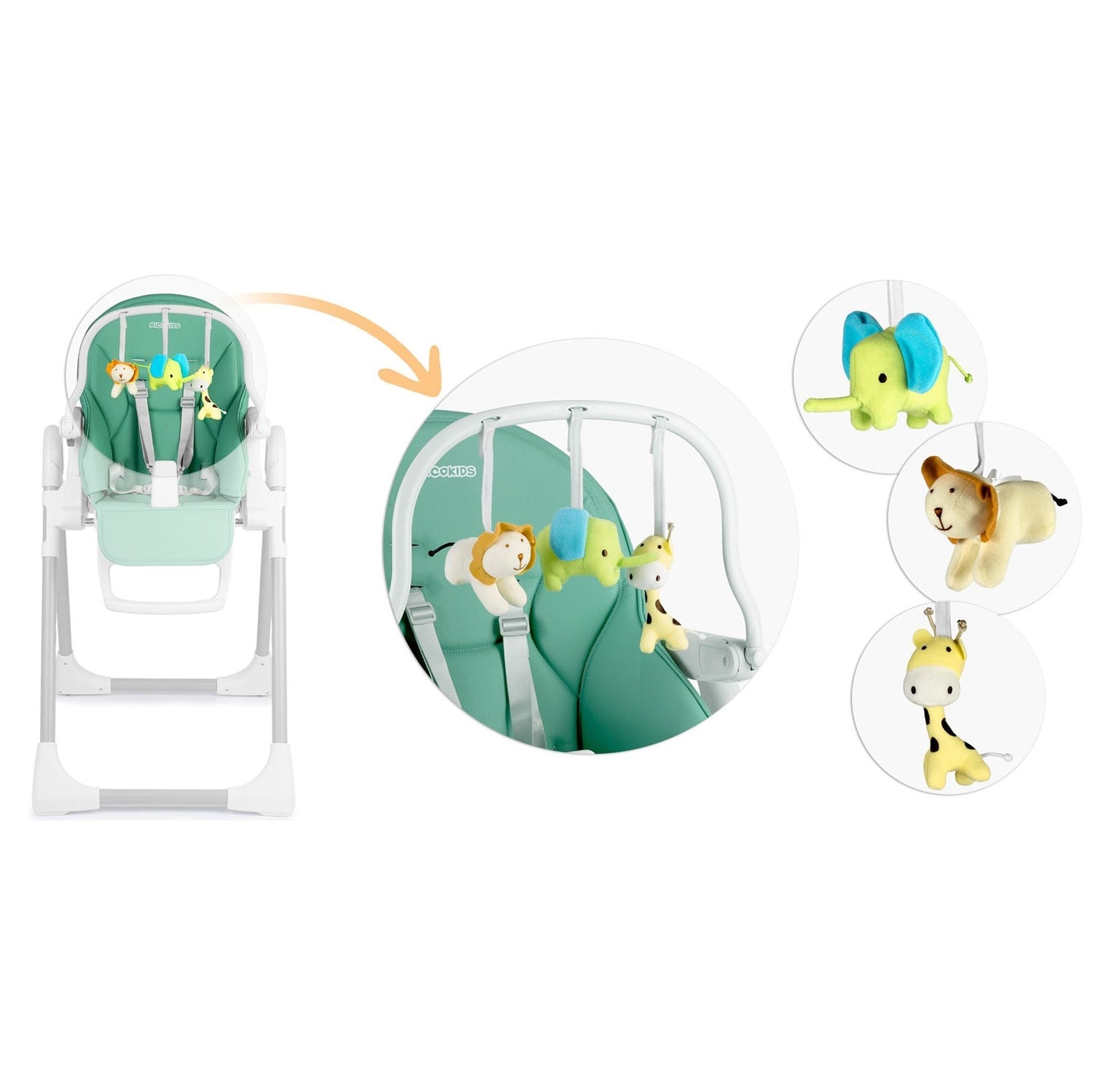 Highchair with table, Belo lounger green + bar