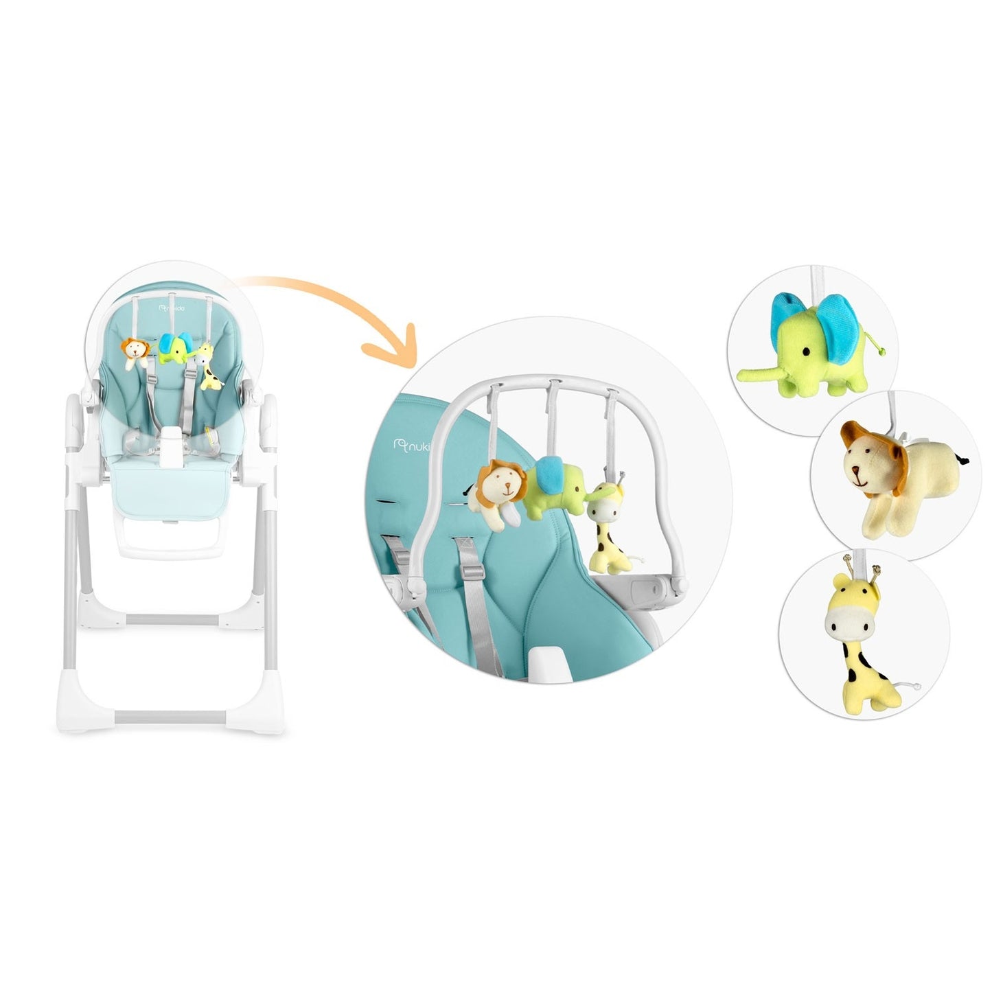 High chair with table and rocking chair Belo Blue + Play arch with toys