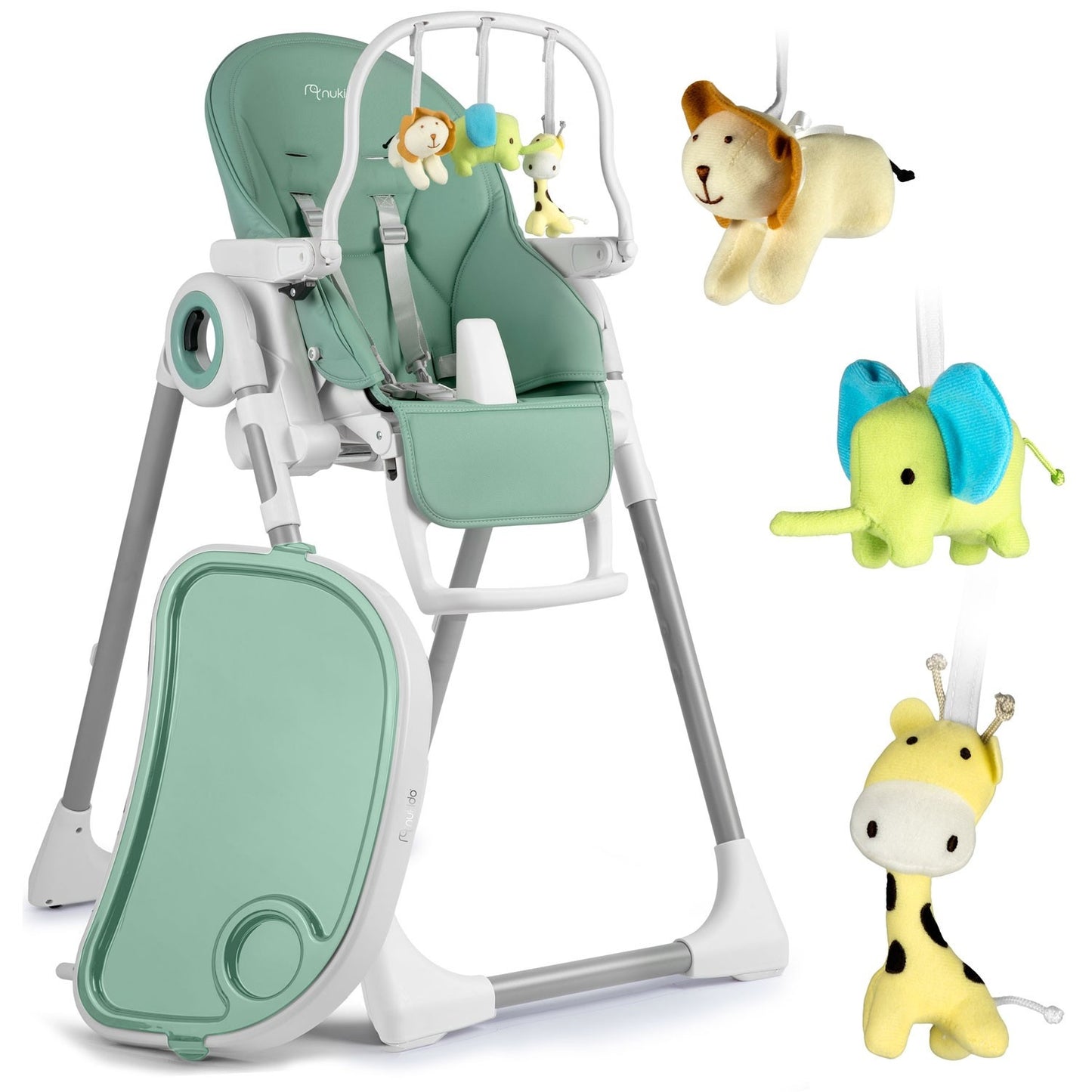 High chair with table, lounge chair Belo green + toy arch