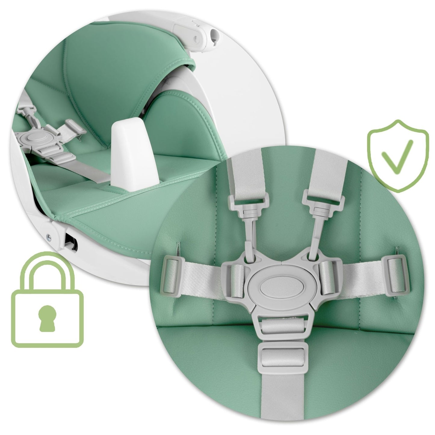 High chair with table, lounge chair Belo green + toy arch