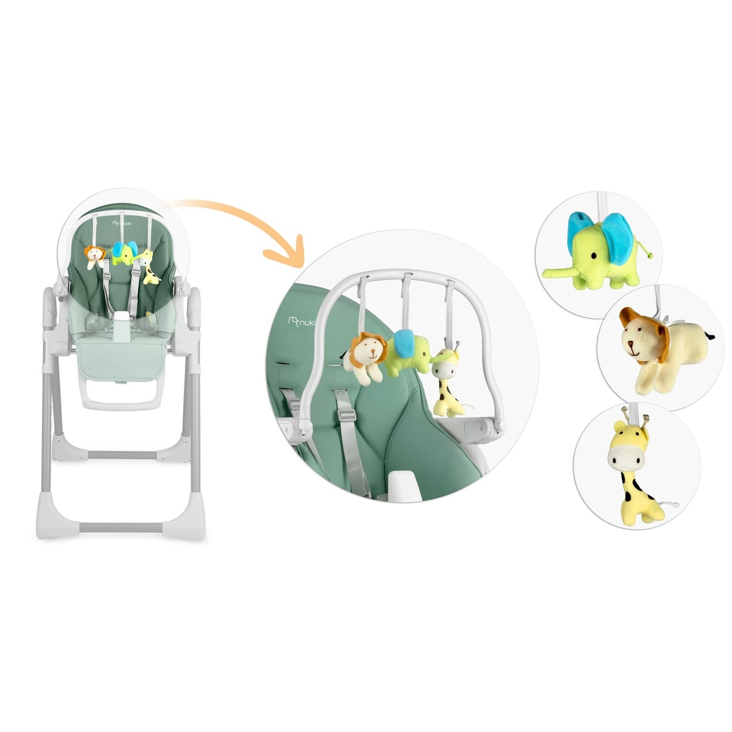 High chair with table, lounge chair Belo green + toy arch