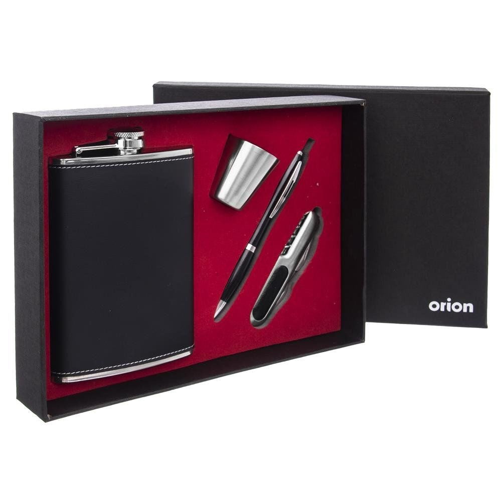 Hip flask, glass, pen and pocket knife, steel, 4 pcs.