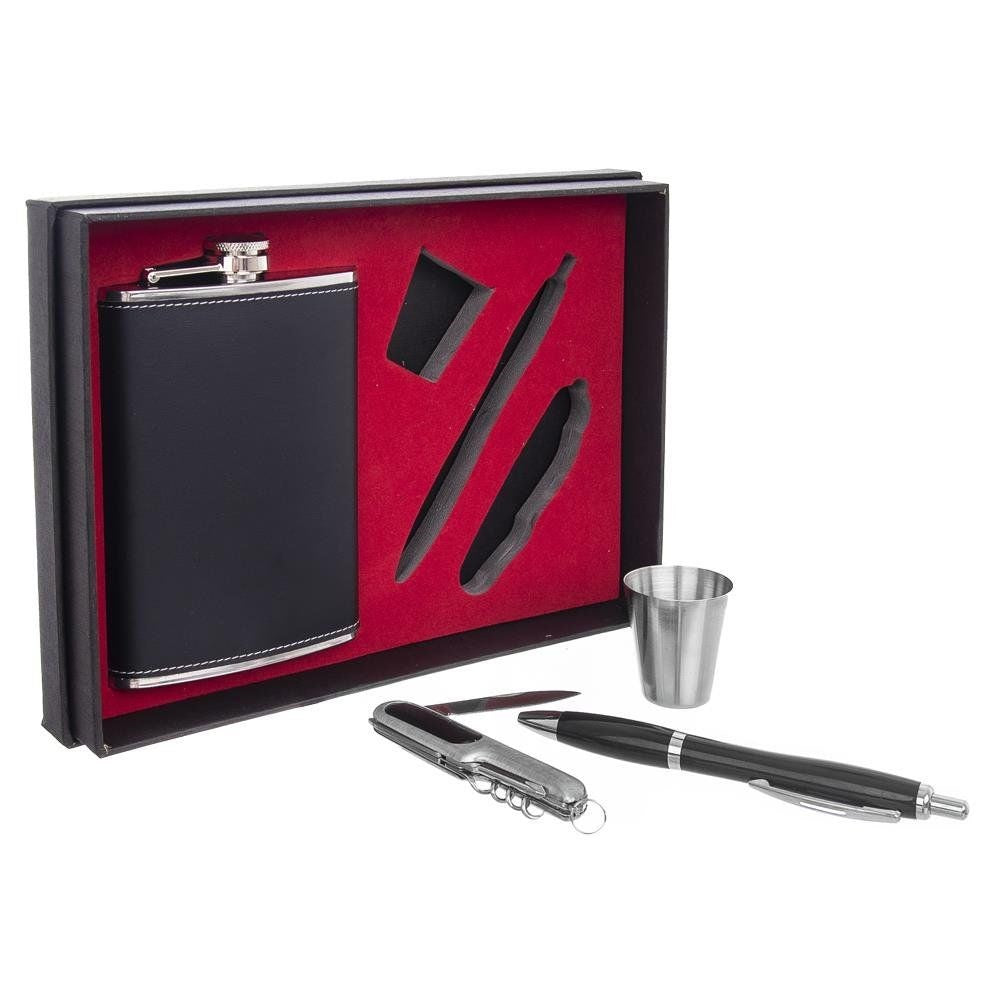 Hip flask, glass, pen and pocket knife, steel, 4 pcs.