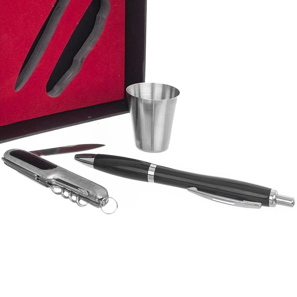 Hip flask, glass, pen and pocket knife, steel, 4 pcs.