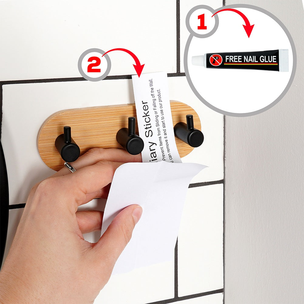 Hook hanger self-adhesive wooden metal black triple 14x3.5x5 cm