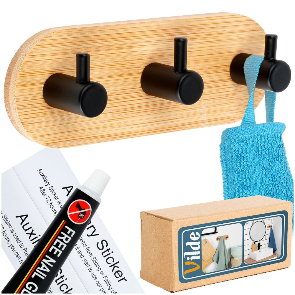 Hook hanger self-adhesive wooden metal black triple 14x3.5x5 cm