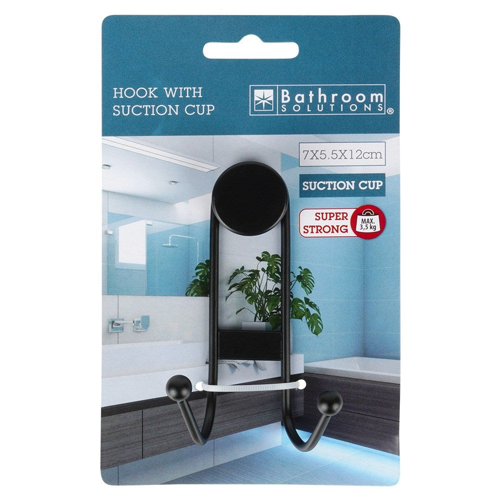 Hook metal hanger black with suction cup double 6.5x5.5x10 cm