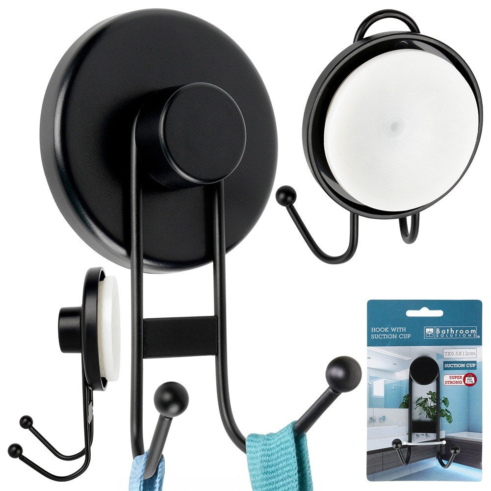 Hook metal hanger black with suction cup double 6.5x5.5x10 cm
