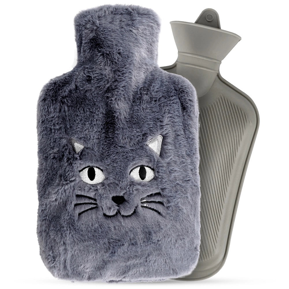 Hot Water Bottle with Gray Cat Cover, 1.8L Capacity